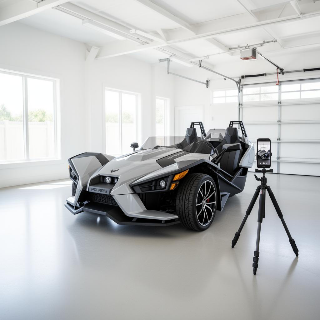 Polaris Slingshot being inspected via smartphone